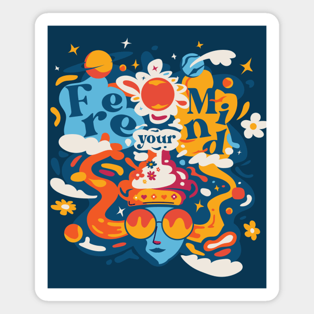 Free Your Mind // 60s Psychedelic Trippy Graphic B Magnet by SLAG_Creative